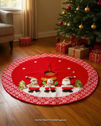 Red Christmas Tree Skirt with Holiday Characters
